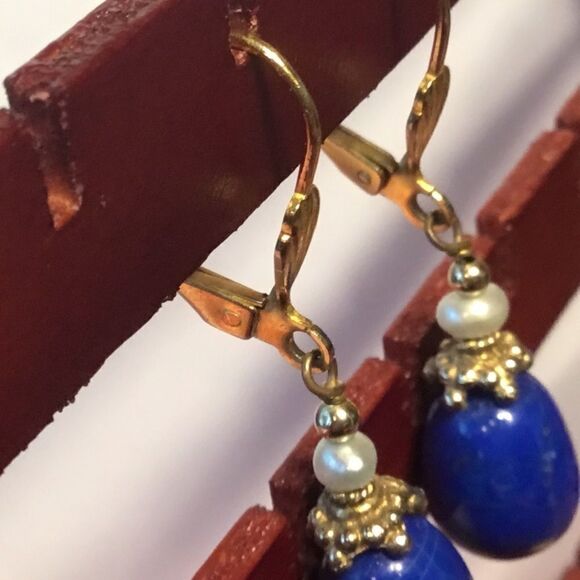 Goldtone and Lapis Leverback Earrings - Picture 5 of 5